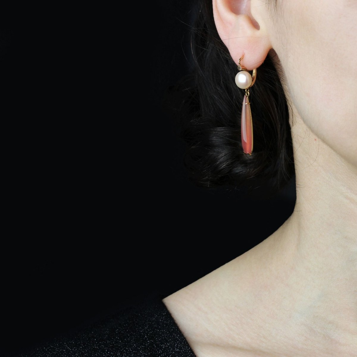 Boucles d'oreilles perles diamants gouttes de grenats - Castafiore