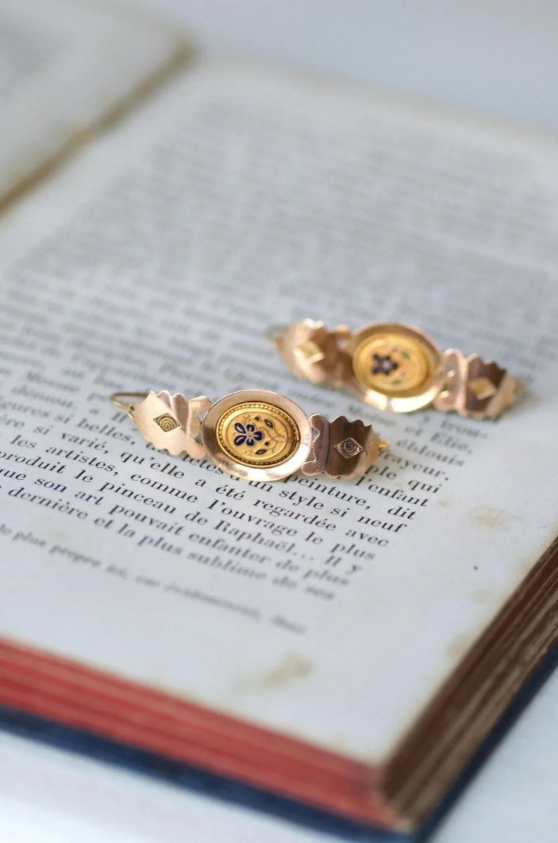Boucles d'Oreilles Poissardes Anciennes Or et Email - Castafiore