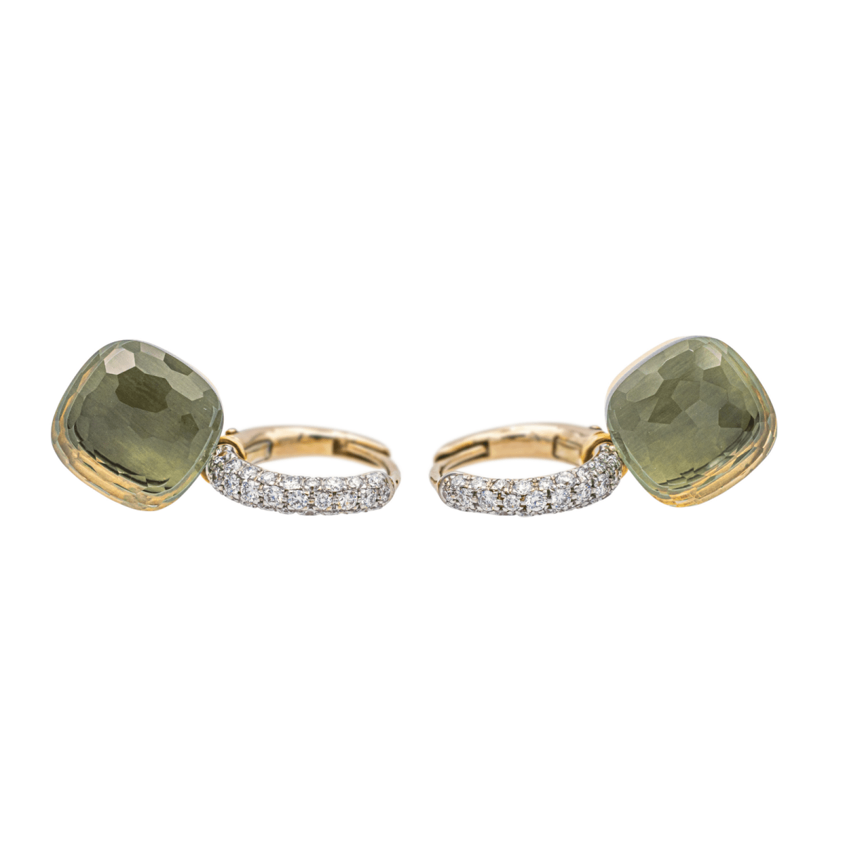 Boucles d'oreilles POMELLATO "Nudo" en or blanc, or rose, prasiolites et diamants - Castafiore