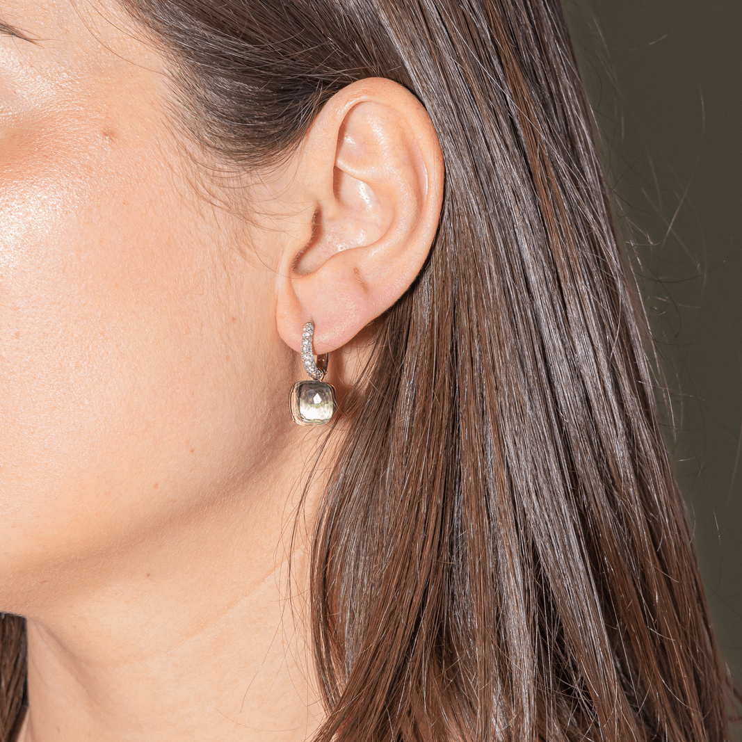 Boucles d'oreilles POMELLATO "Nudo" en or blanc, or rose, prasiolites et diamants - Castafiore
