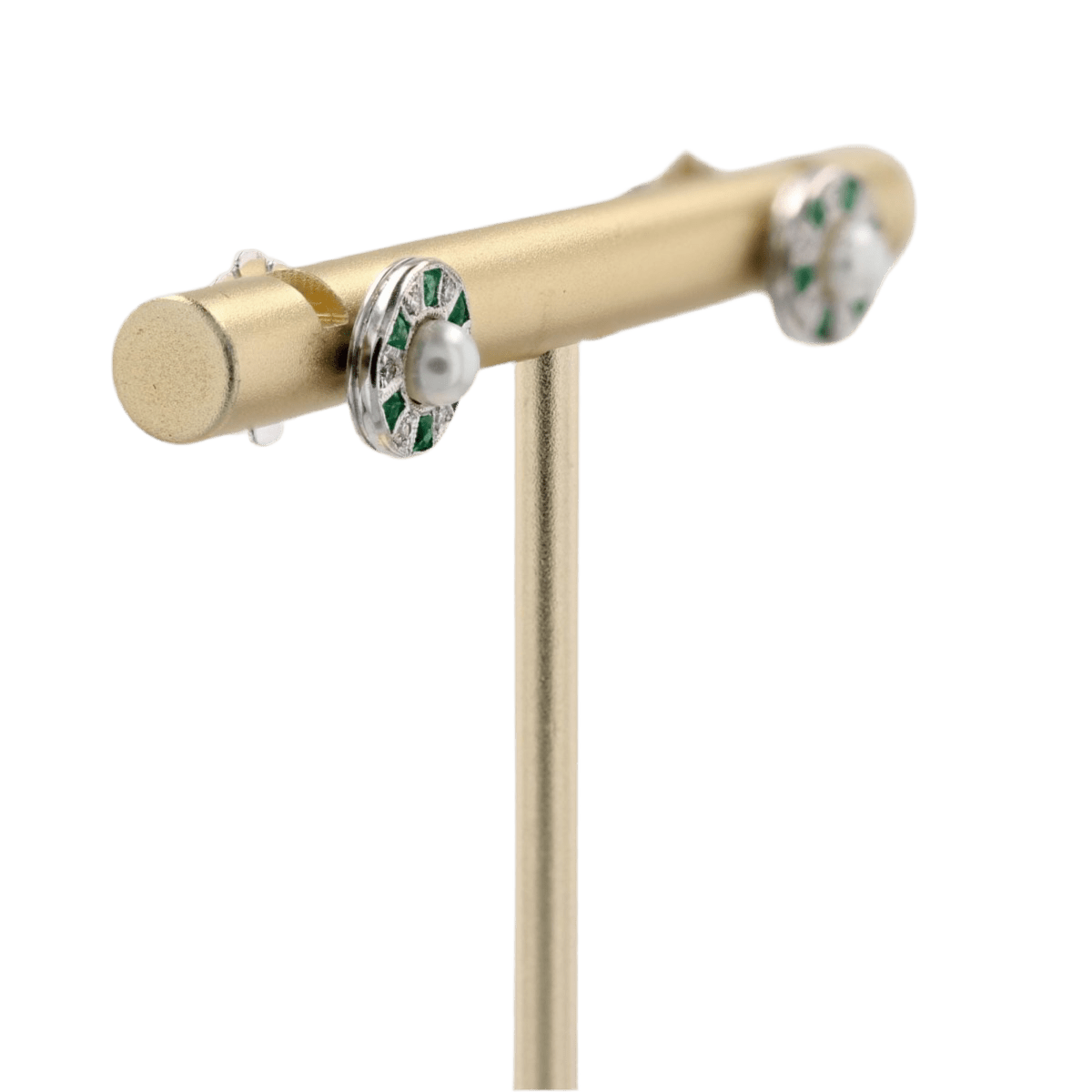 Boucles d'oreilles Puces en or blanc, perles, émeraudes et diamants - Castafiore