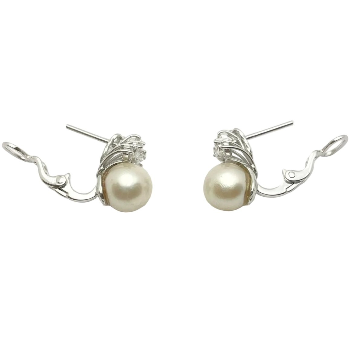 Boucles d'oreilles Puces en or blanc, perles et diamants - Castafiore