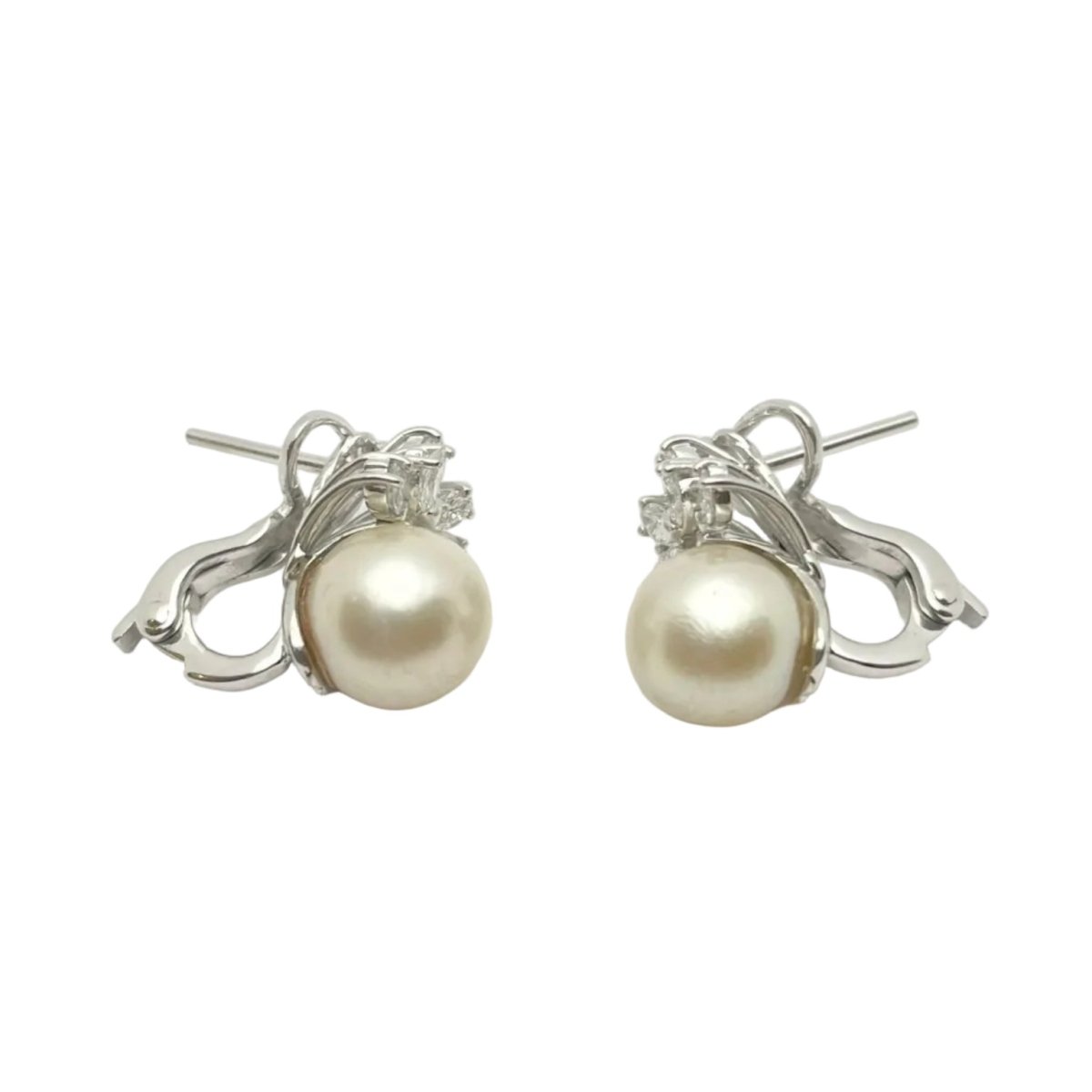 Boucles d'oreilles Puces en or blanc, perles et diamants - Castafiore