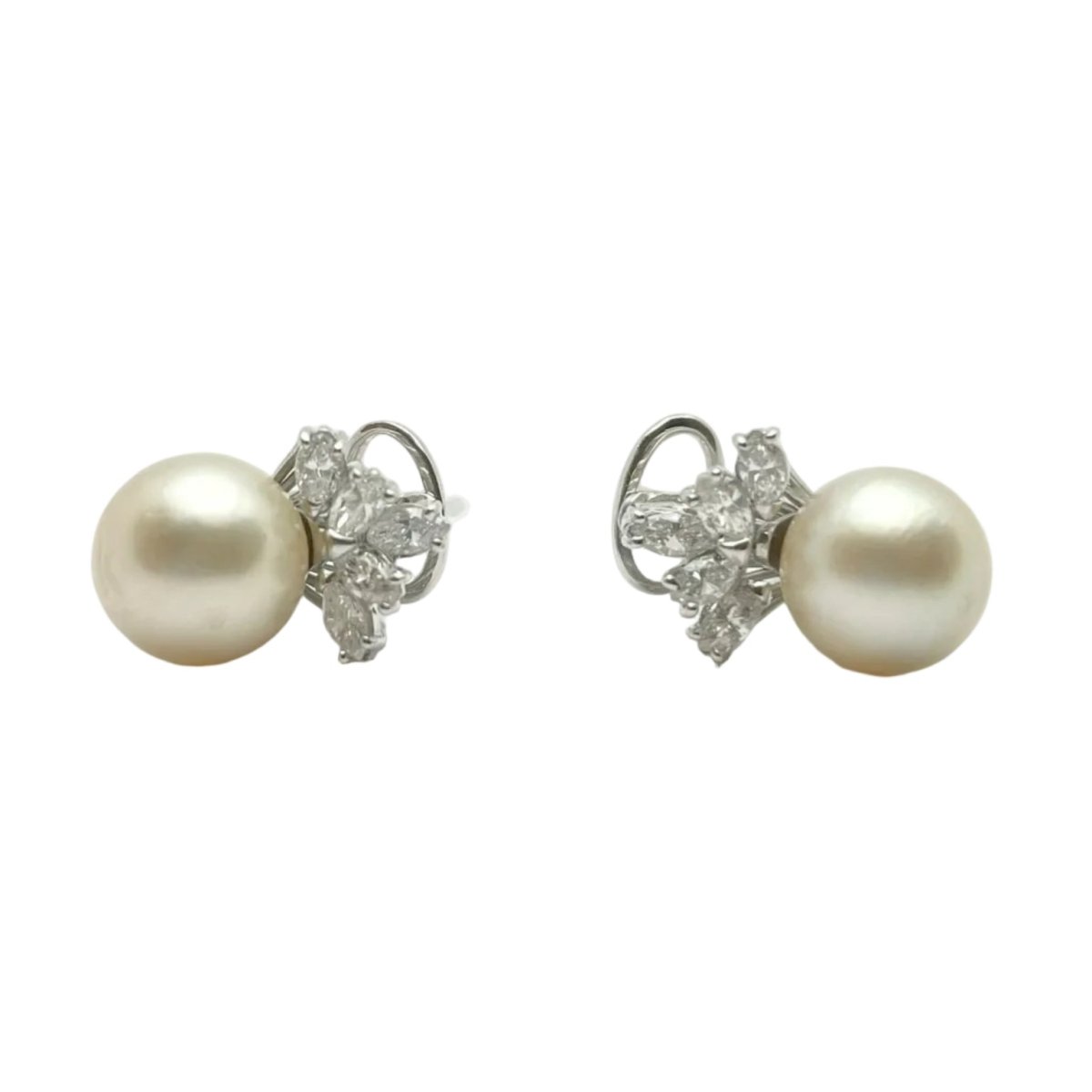 Boucles d'oreilles Puces en or blanc, perles et diamants - Castafiore
