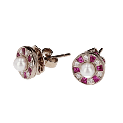 Boucles d'oreilles Puces en or blanc, perles, rubis et diamants - Castafiore