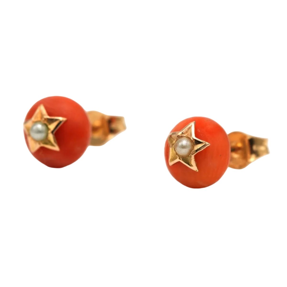 Boucles d'oreilles Puces en or jaune, corail et perles - Castafiore
