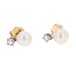 Boucles d'oreilles Puces en or jaune, perles et diamants - Castafiore