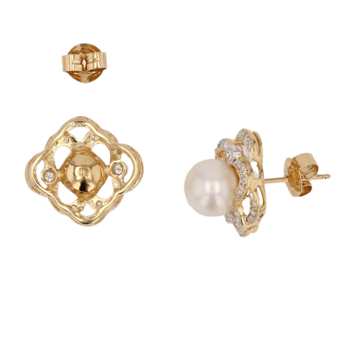 Boucles d'oreilles Puces en or jaune, perles et diamants - Castafiore
