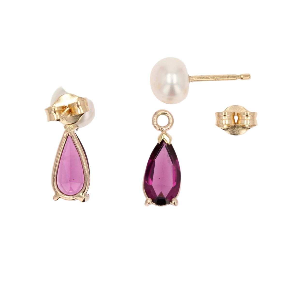 Boucles d'oreilles Puces en or jaune, perles et grenats - Castafiore