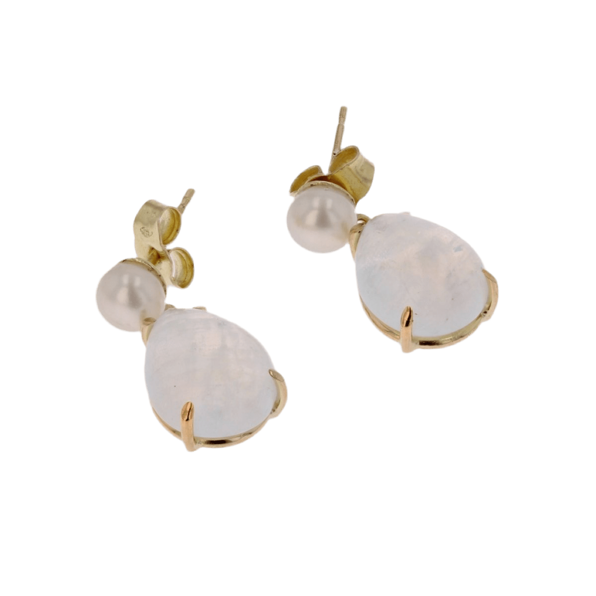 Boucles d'oreilles Puces en or jaune, perles et pierres de lune - Castafiore