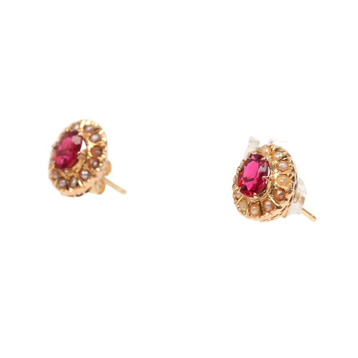 Boucles d'oreilles Puces en or jaune, perles et rubis - Castafiore
