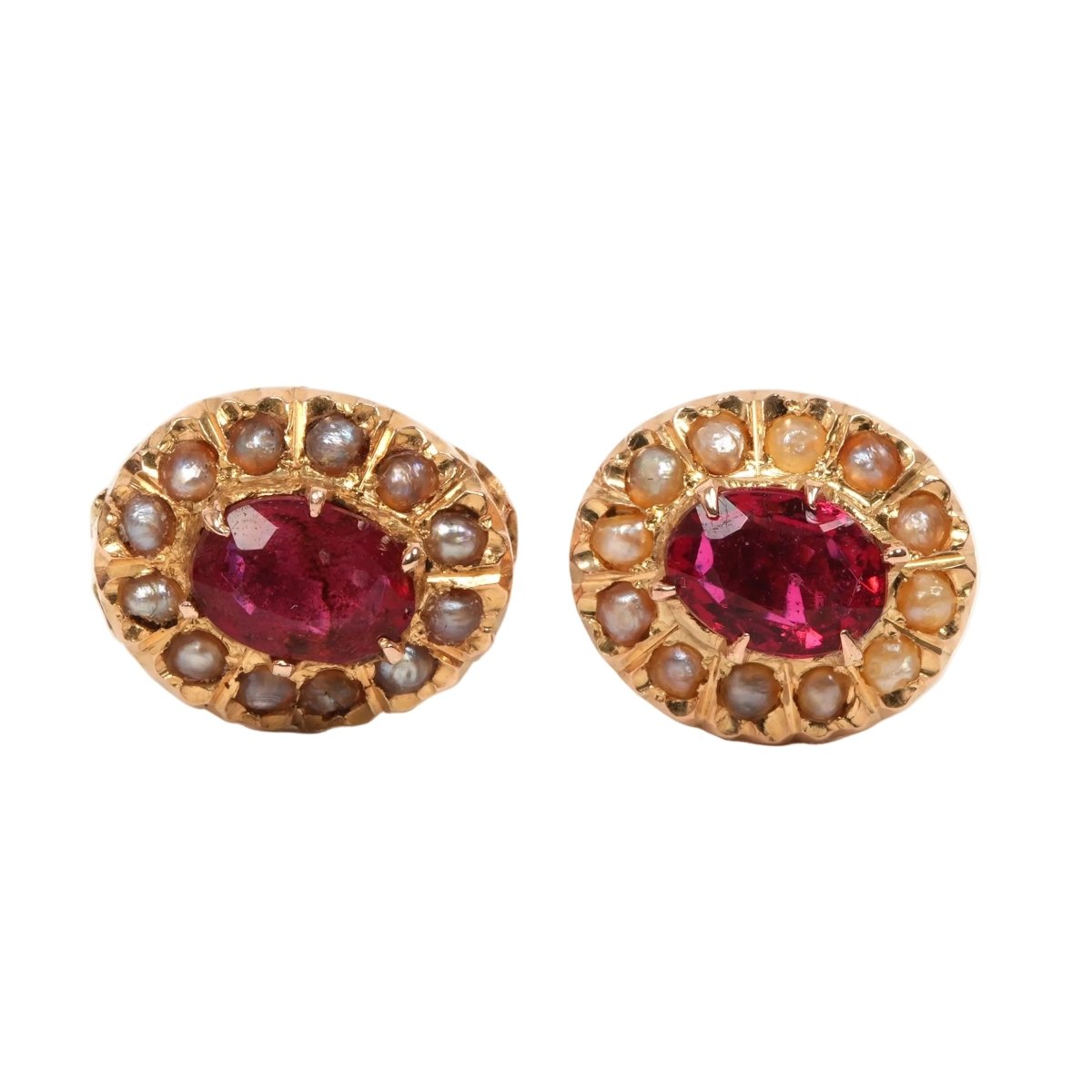 Boucles d'oreilles Puces en or jaune, perles et rubis - Castafiore