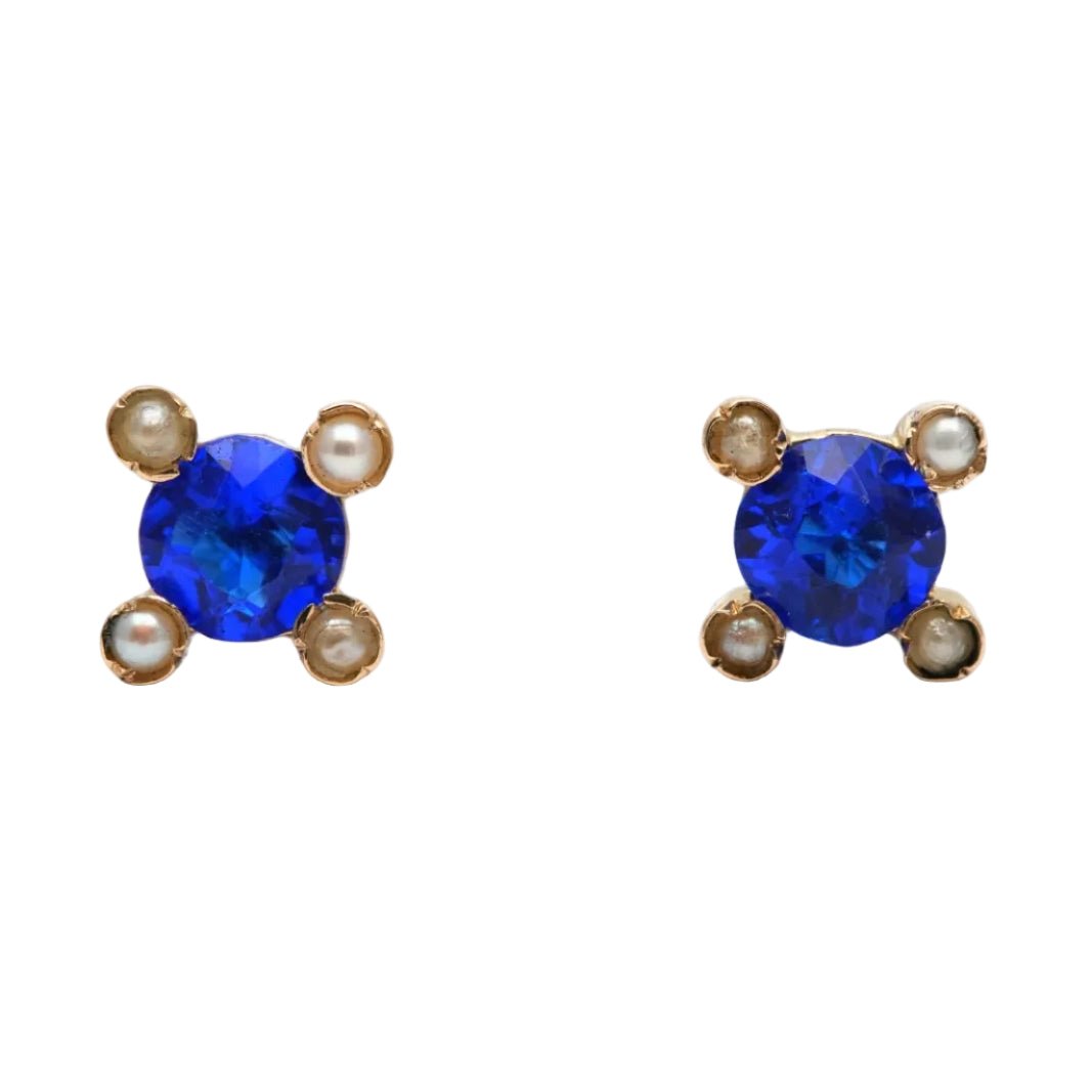 Boucles d'oreilles Puces en or jaune, saphirs et perles - Castafiore