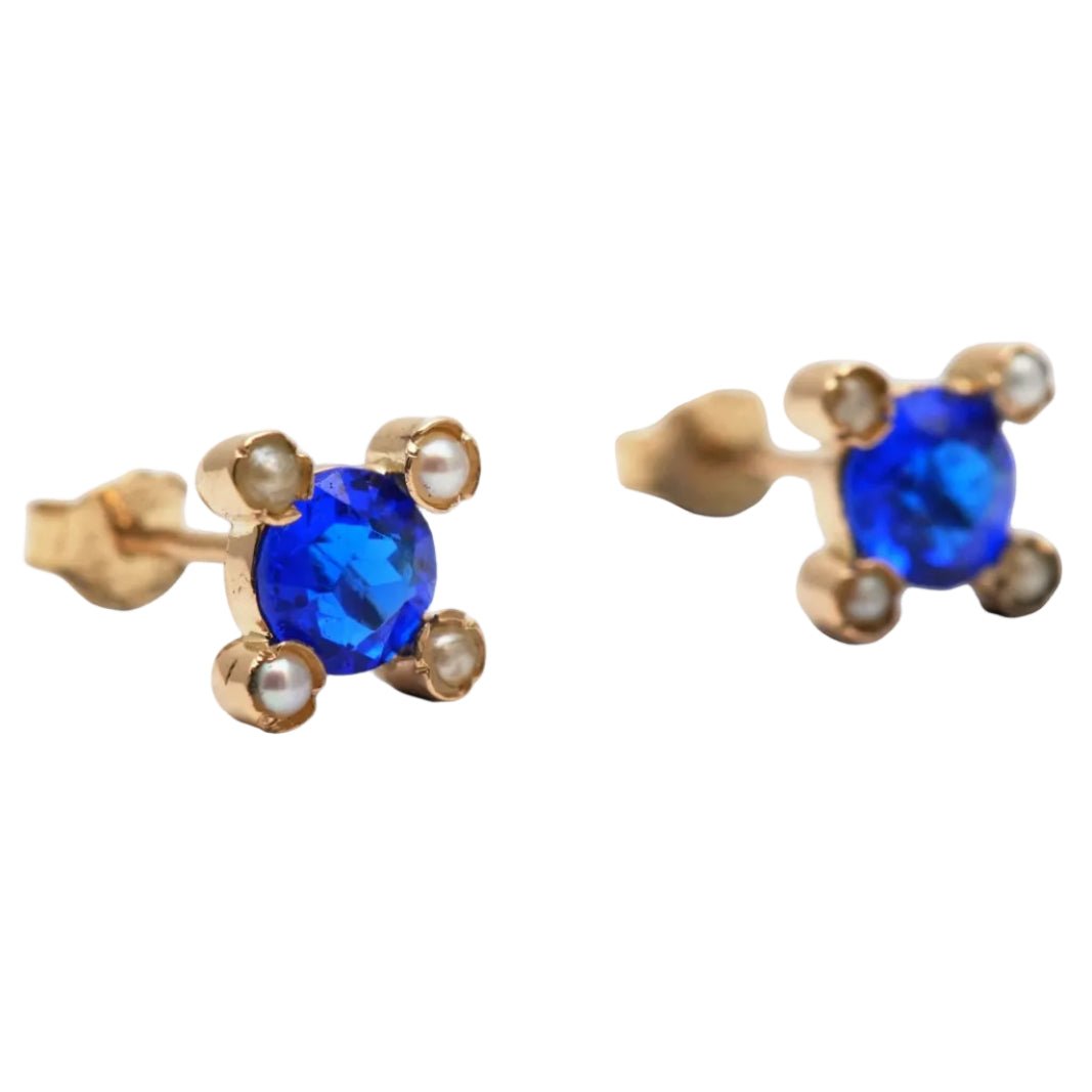 Boucles d'oreilles Puces en or jaune, saphirs et perles - Castafiore