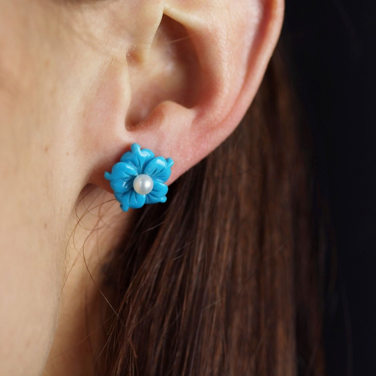 Boucles d'oreilles Puces en or jaune, turquoises et perles - Castafiore
