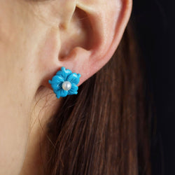 Boucles d'oreilles Puces en or jaune, turquoises et perles - Castafiore