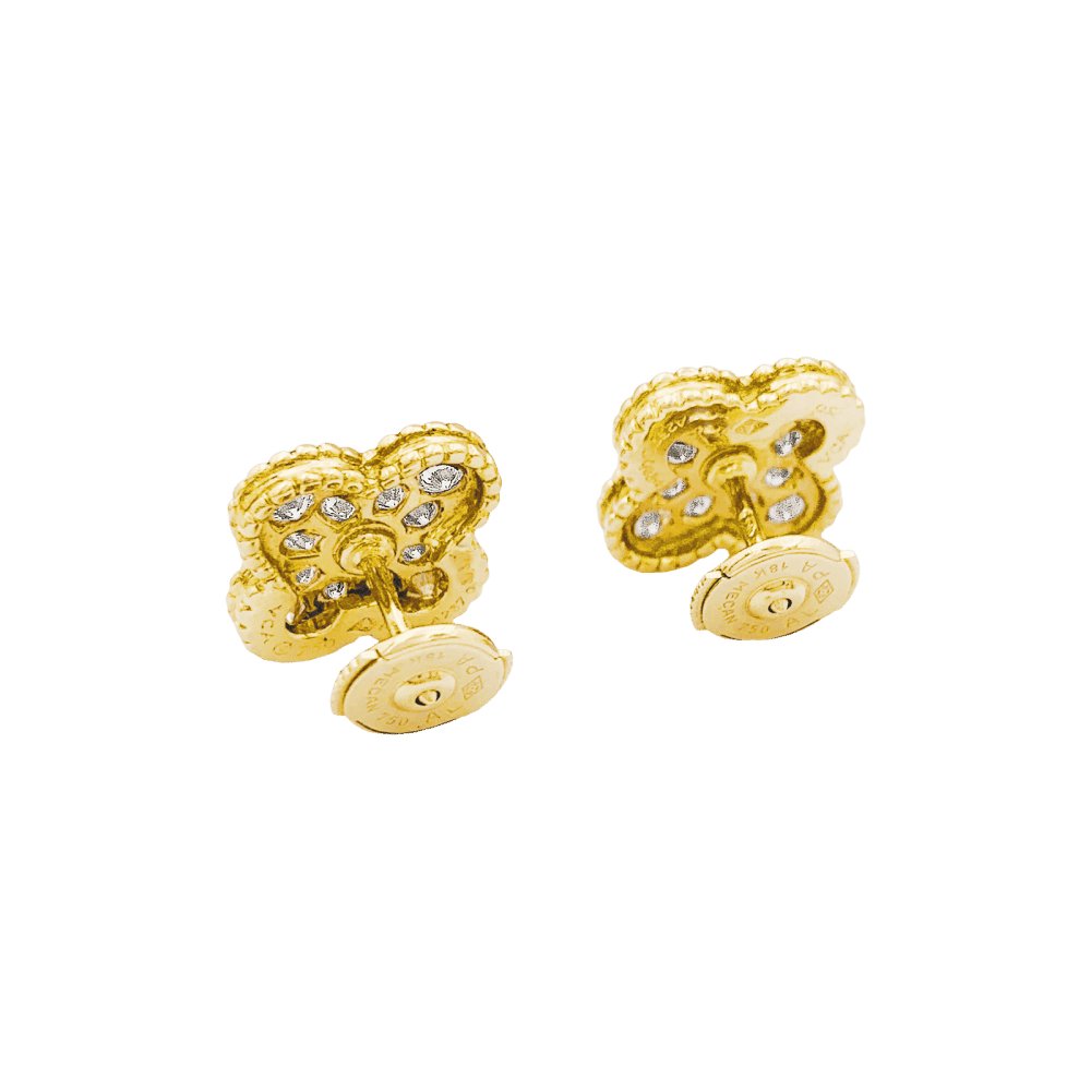 Boucles d'oreilles Puces VAN CLEEF & ARPELS "Alhambra" en or jaune et diamants - Castafiore