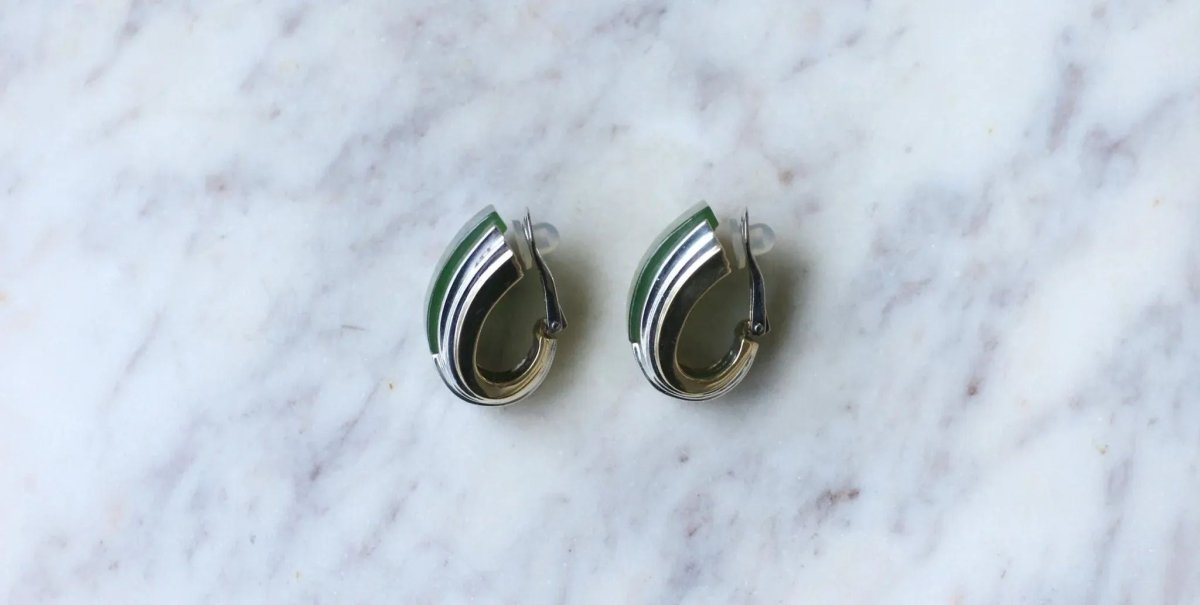 Boucles d'Oreilles Puiforcat par André Vassort Jade sur Or et Argent - Castafiore