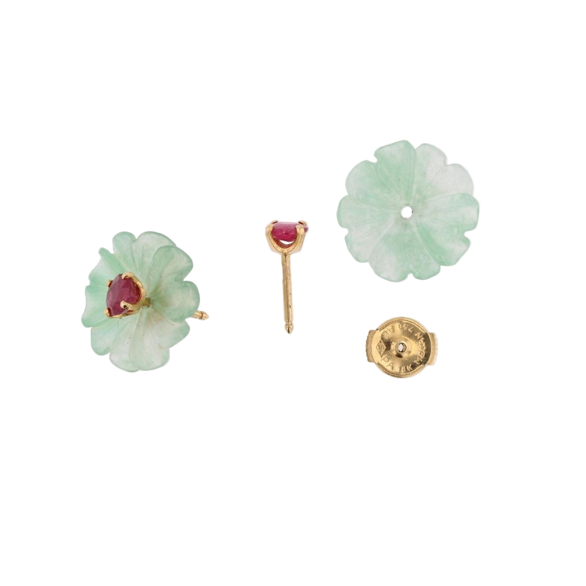 Boucles d'oreilles rubis et jades en or jaune - Castafiore