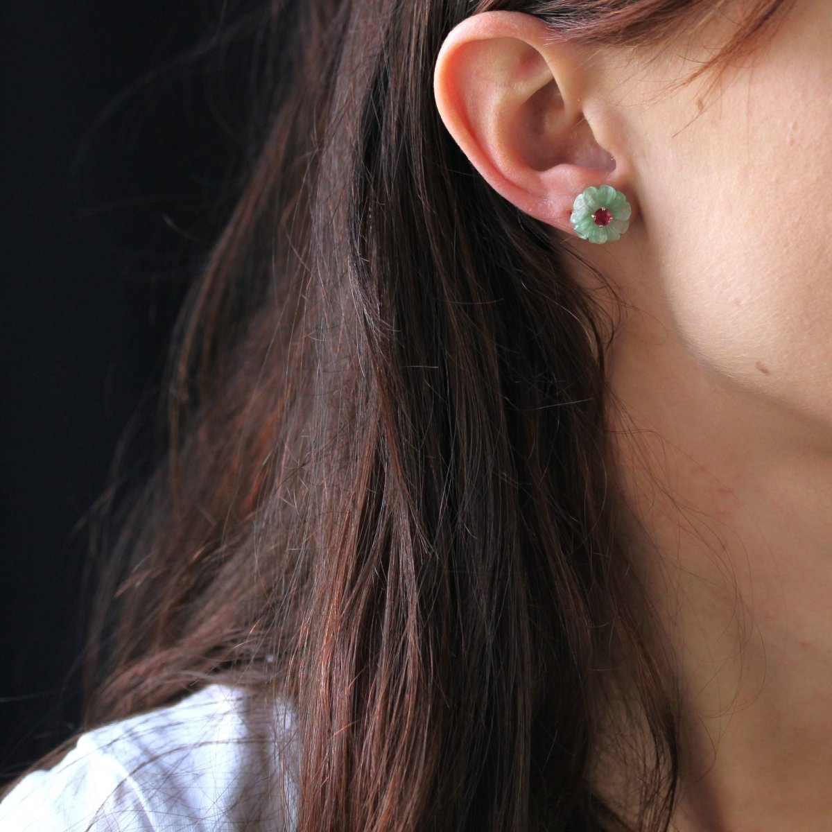 Boucles d'oreilles rubis et jades en or jaune - Castafiore