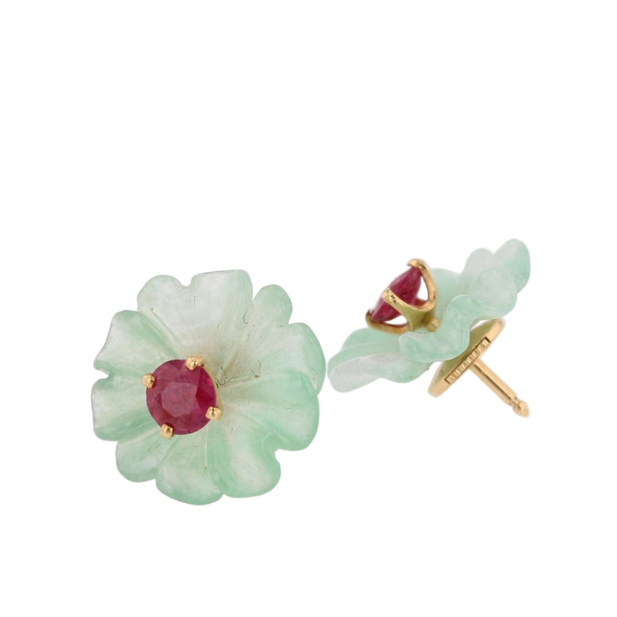 Boucles d'oreilles rubis et jades en or jaune - Castafiore