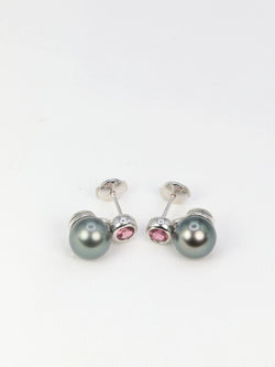 Boucles d’oreilles vintage en or, perles de Tahiti et tourmalines roses - Castafiore
