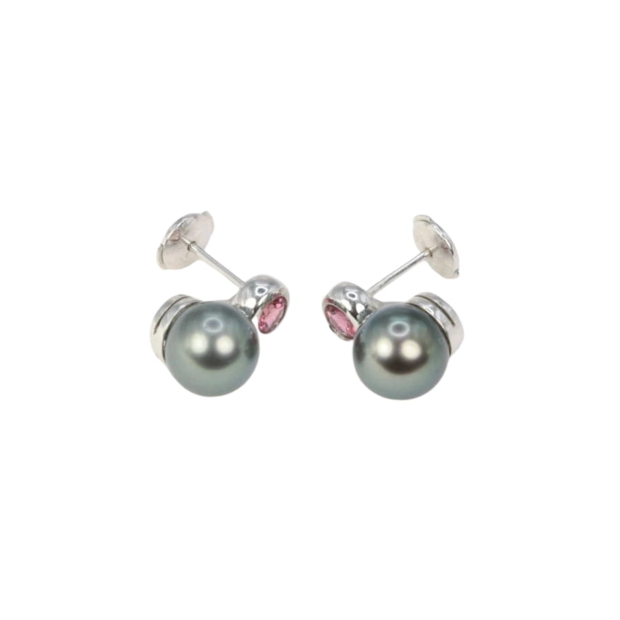 Boucles d’oreilles vintage en or, perles de Tahiti et tourmalines roses - Castafiore
