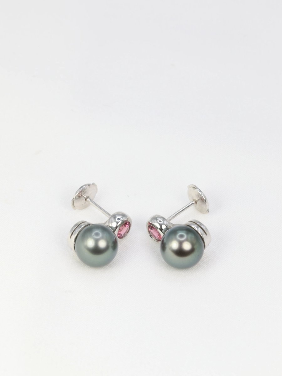 Boucles d’oreilles vintage en or, perles de Tahiti et tourmalines roses - Castafiore