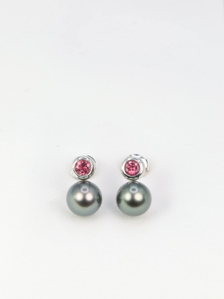 Boucles d’oreilles vintage en or, perles de Tahiti et tourmalines roses - Castafiore