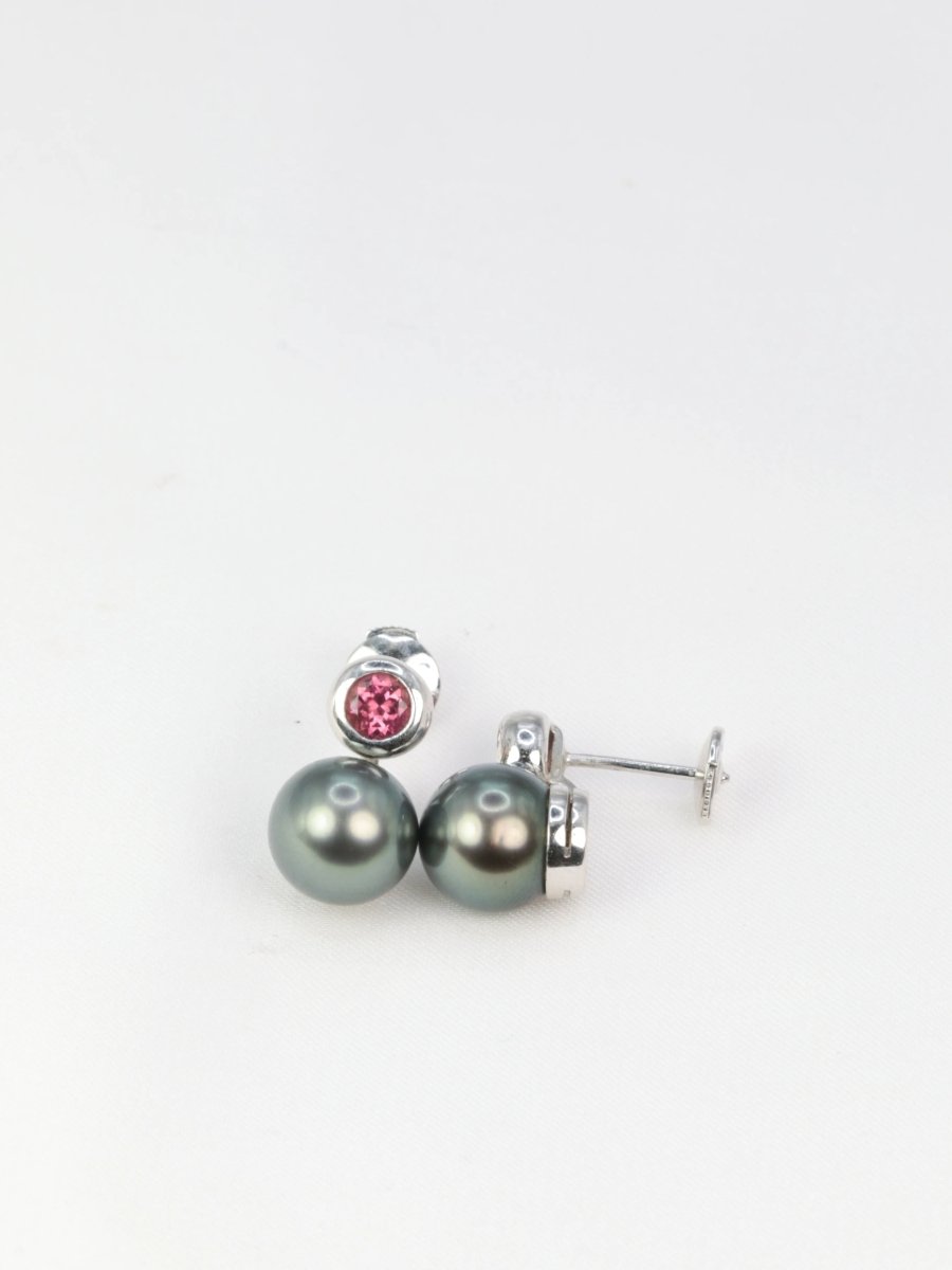 Boucles d’oreilles vintage en or, perles de Tahiti et tourmalines roses - Castafiore