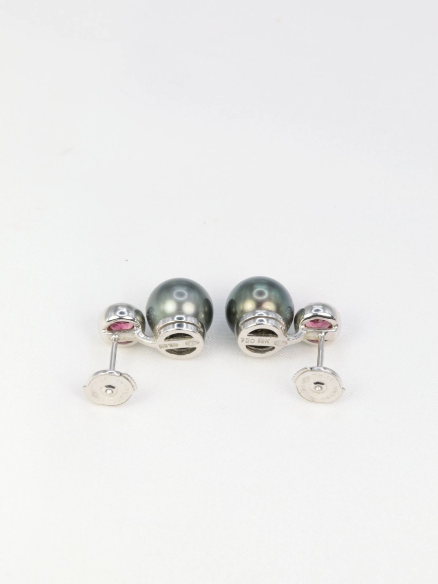 Boucles d’oreilles vintage en or, perles de Tahiti et tourmalines roses - Castafiore