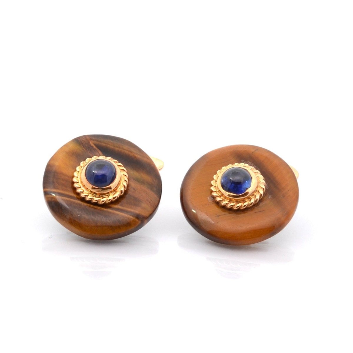 Boutons de Manchette en or jaune, oeil de tigre et saphirs - Castafiore