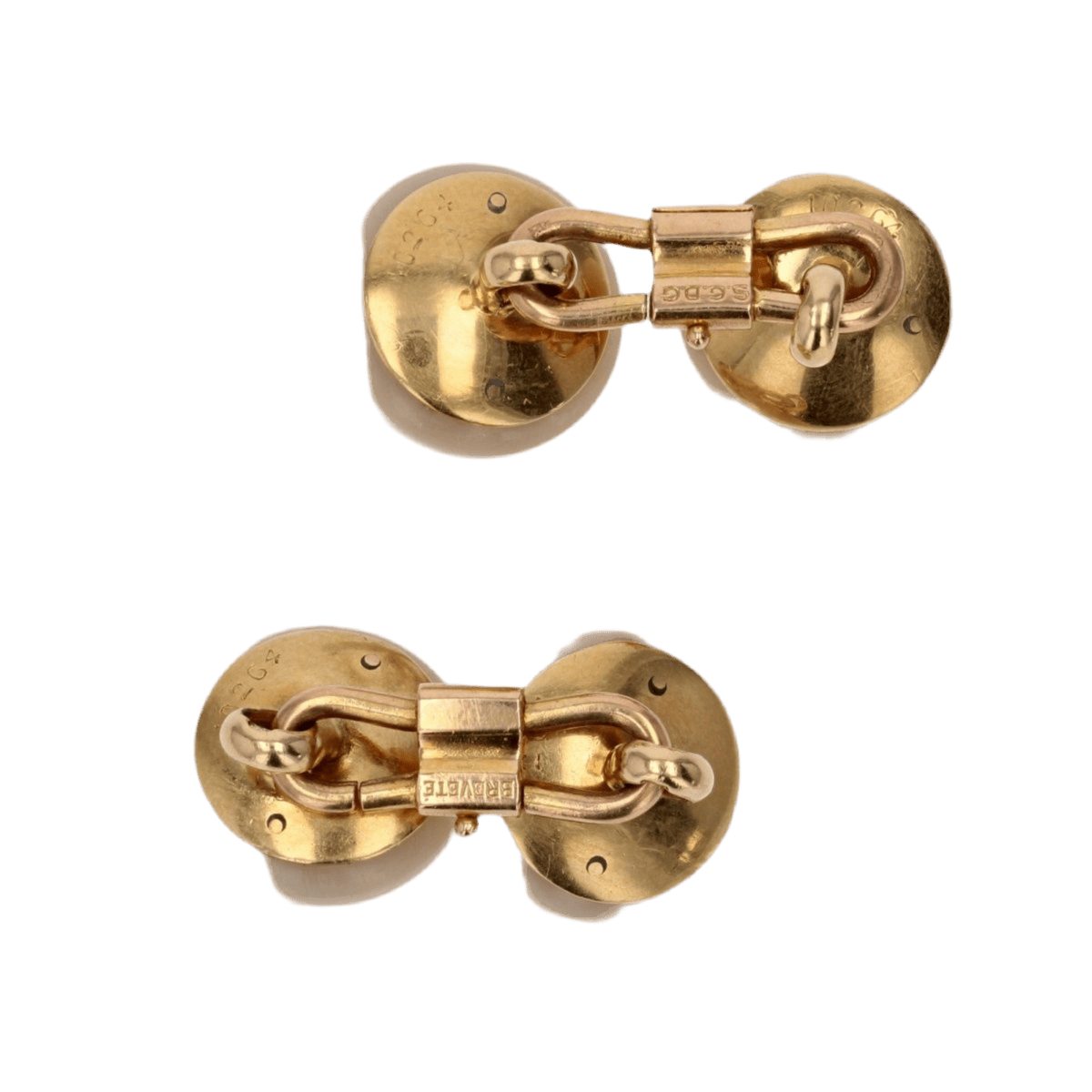 Boutons de manchettes LÉON DEVOS en or jaune, nacre, perle et diamants - Castafiore