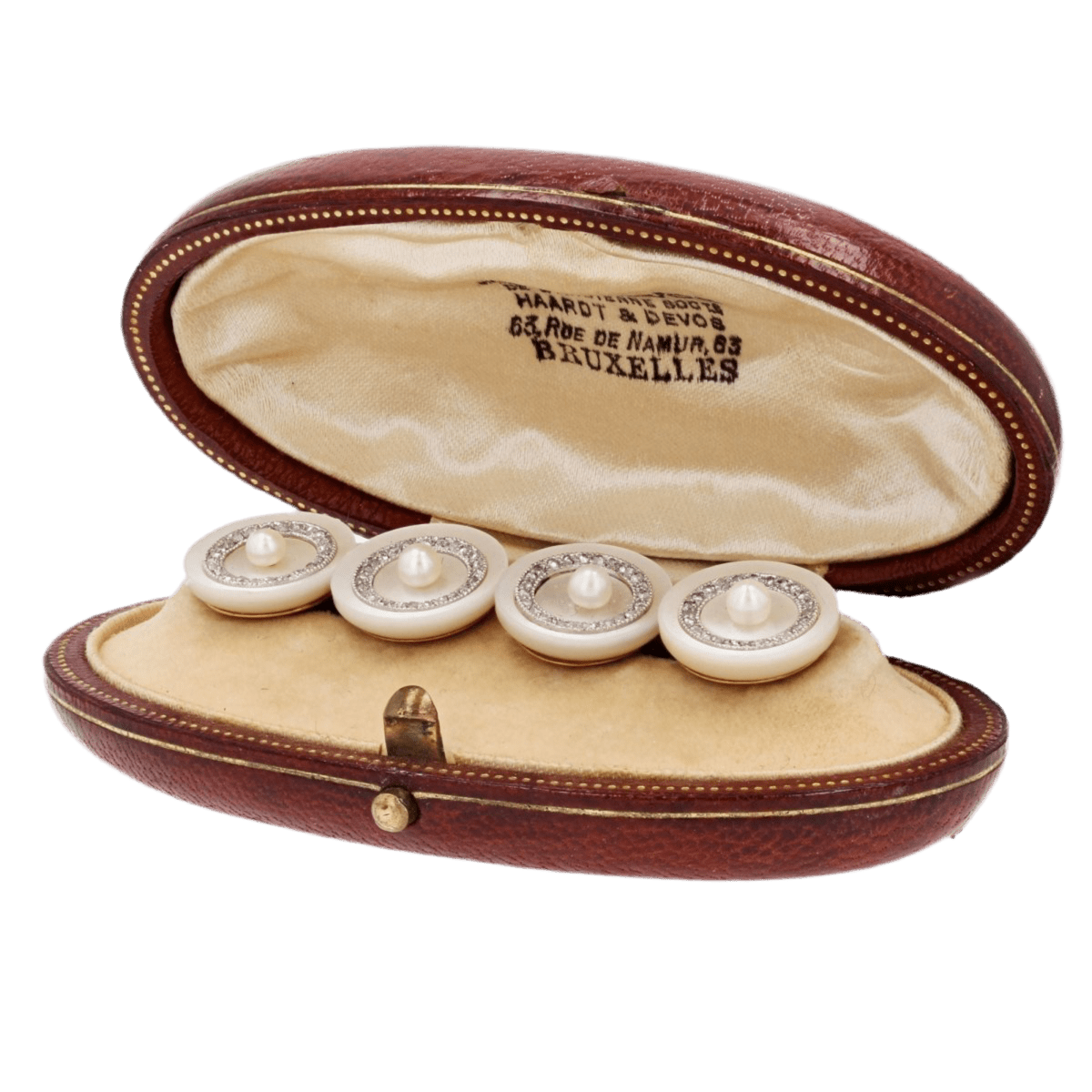 Boutons de manchettes LÉON DEVOS en or jaune, nacre, perle et diamants - Castafiore