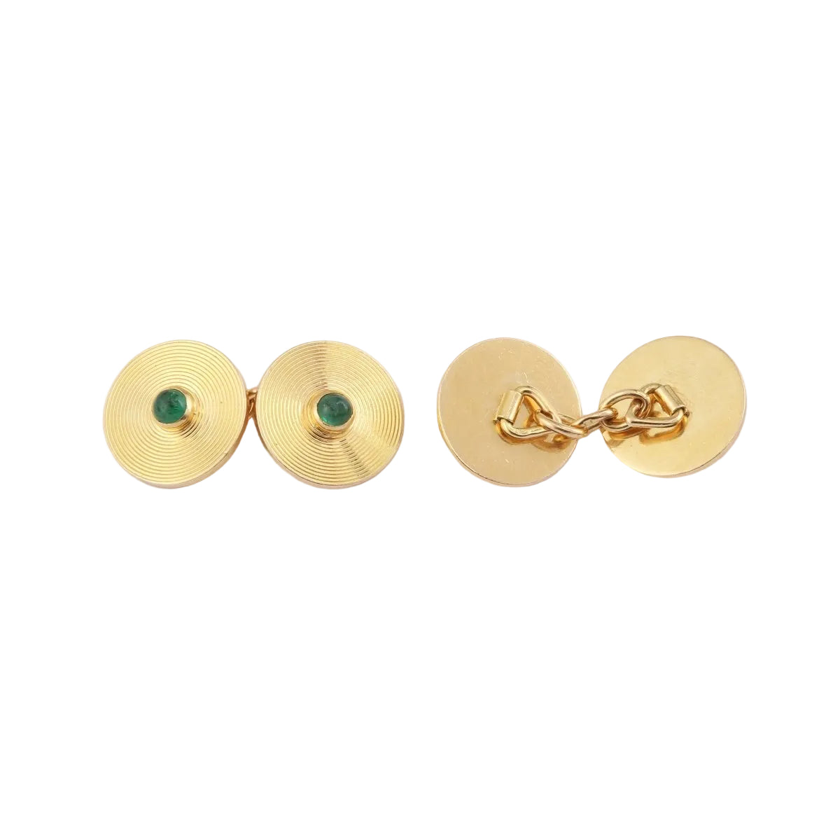 Boutons de Manchettes Vintage Disques Emeraudes Or Jaune 18 Carats - Castafiore