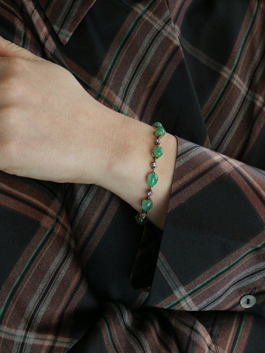 Bracelet ancien cabochons d'émeraudes or jaune diamants - Castafiore