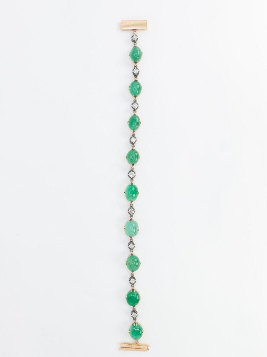 Bracelet ancien cabochons d'émeraudes or jaune diamants - Castafiore
