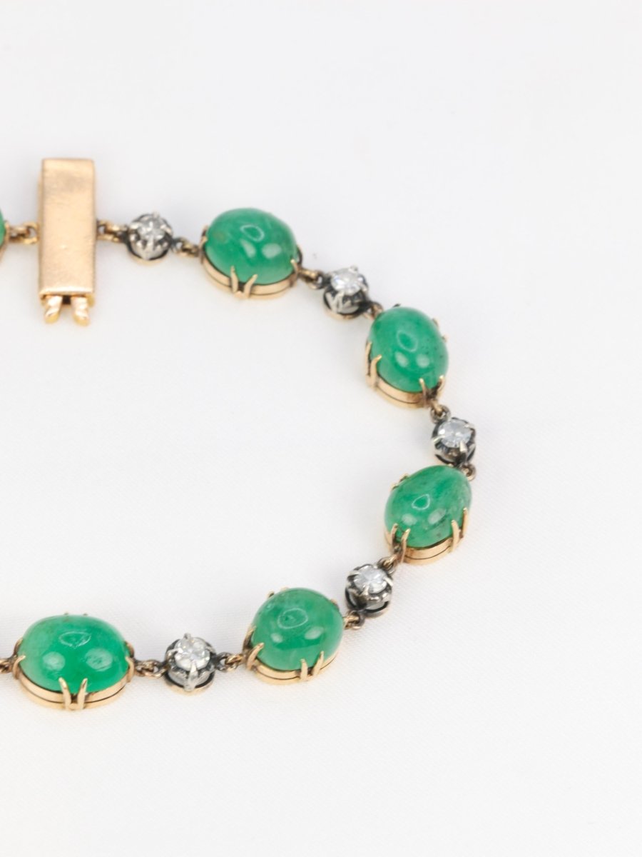 Bracelet ancien cabochons d'émeraudes or jaune diamants - Castafiore
