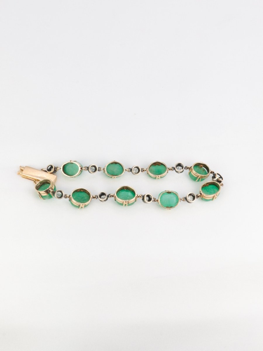 Bracelet ancien cabochons d'émeraudes or jaune diamants - Castafiore
