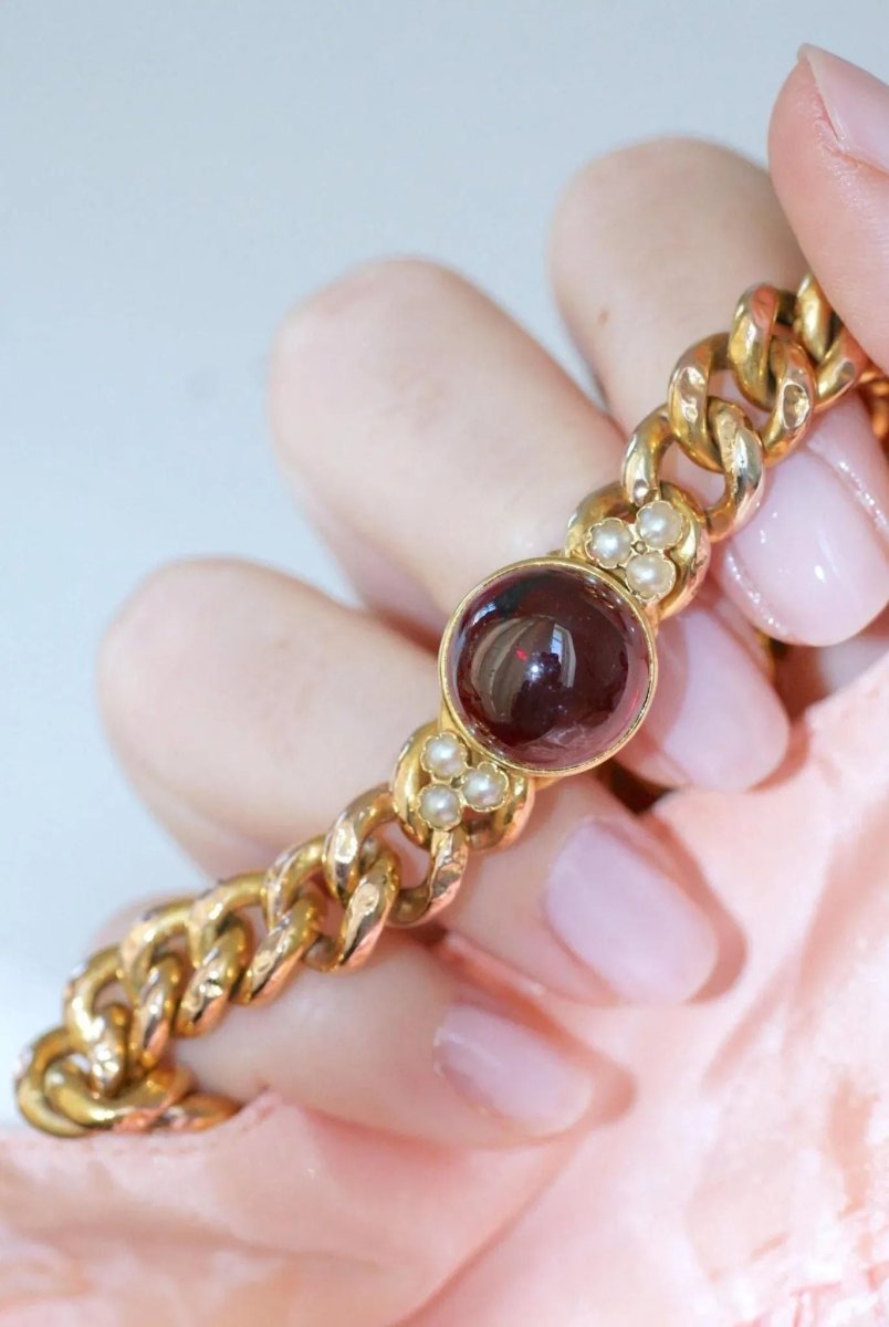 Bracelet Ancien Gourmette Or jaune et Grenat - Castafiore
