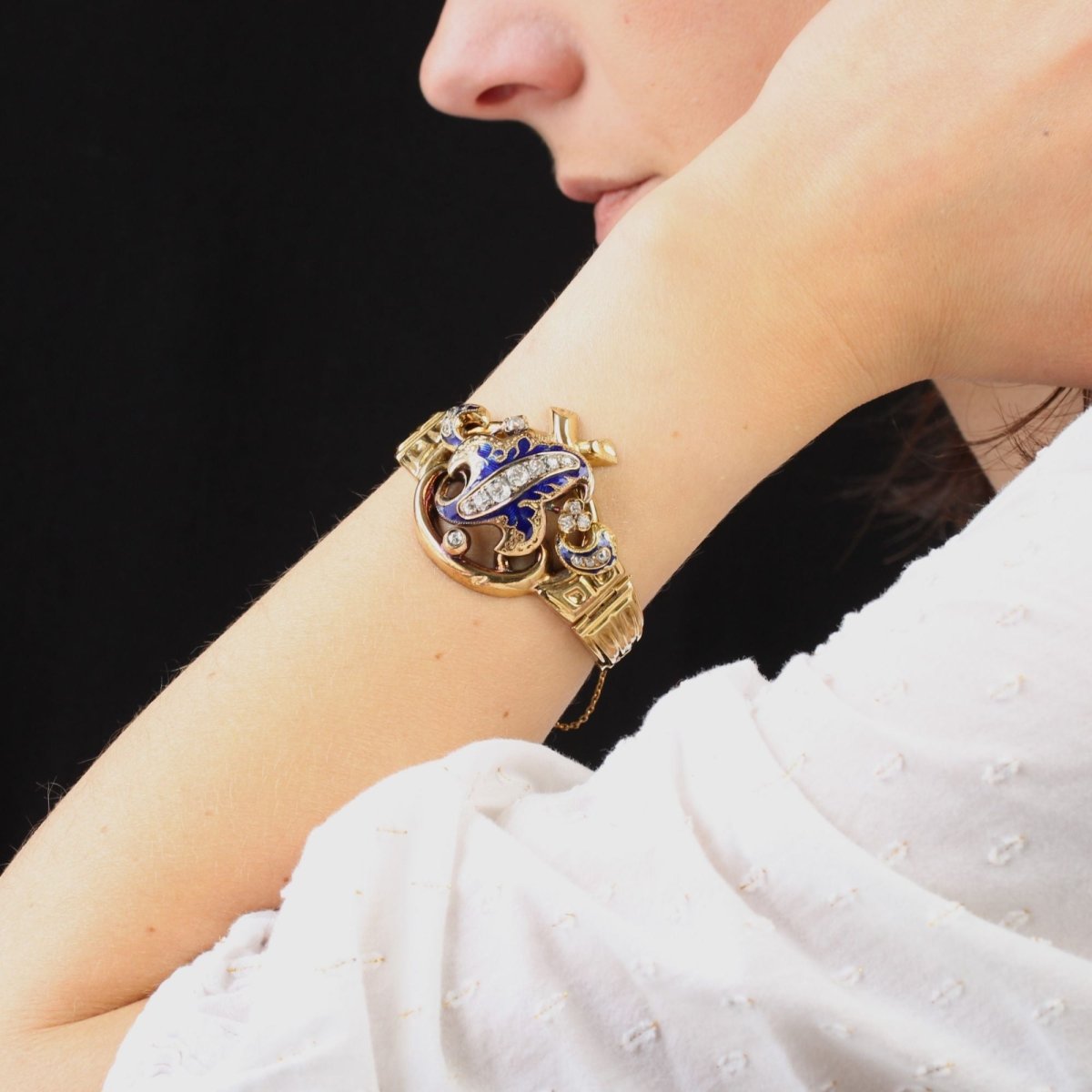 Bracelet ancien or diamants émail Napoléon III - Castafiore