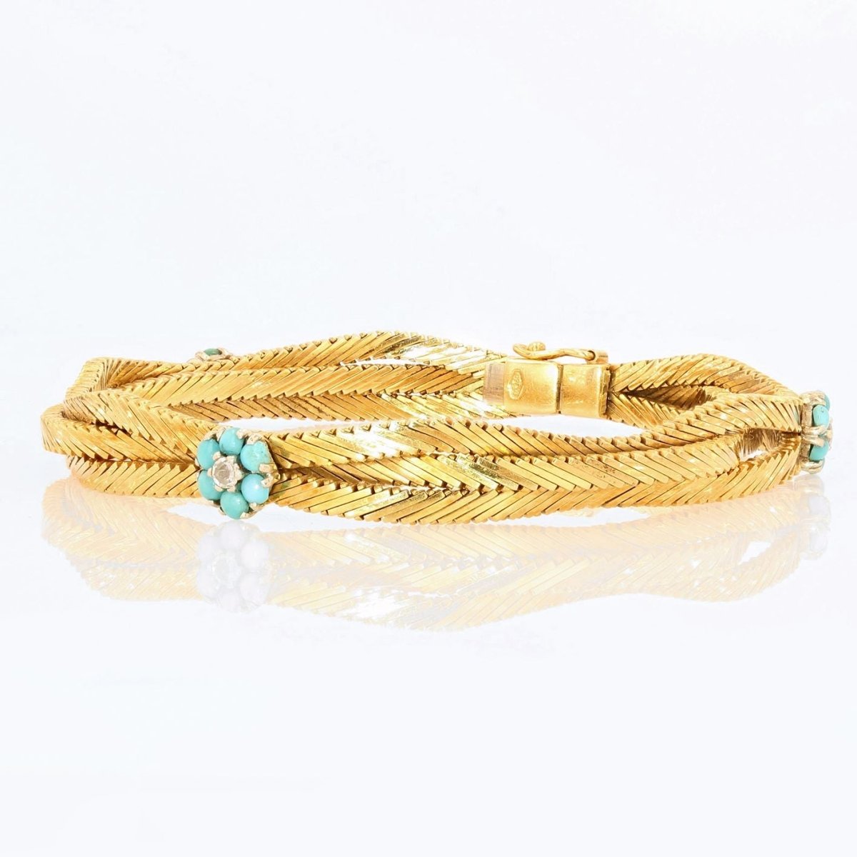 Bracelet ancien or et fleurs de turquoises et diamants - Castafiore