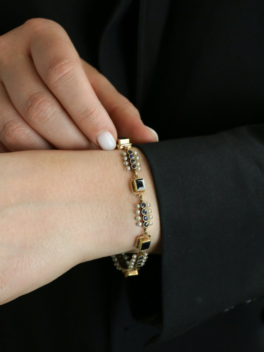 Bracelet ancien or jaune saphirs perles fines - Castafiore