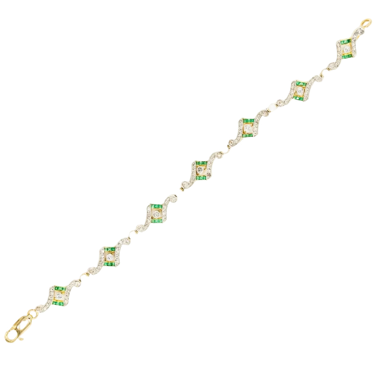 Bracelet Art Deco en or jaune, platine, perles, émeraudes et diamants - Castafiore