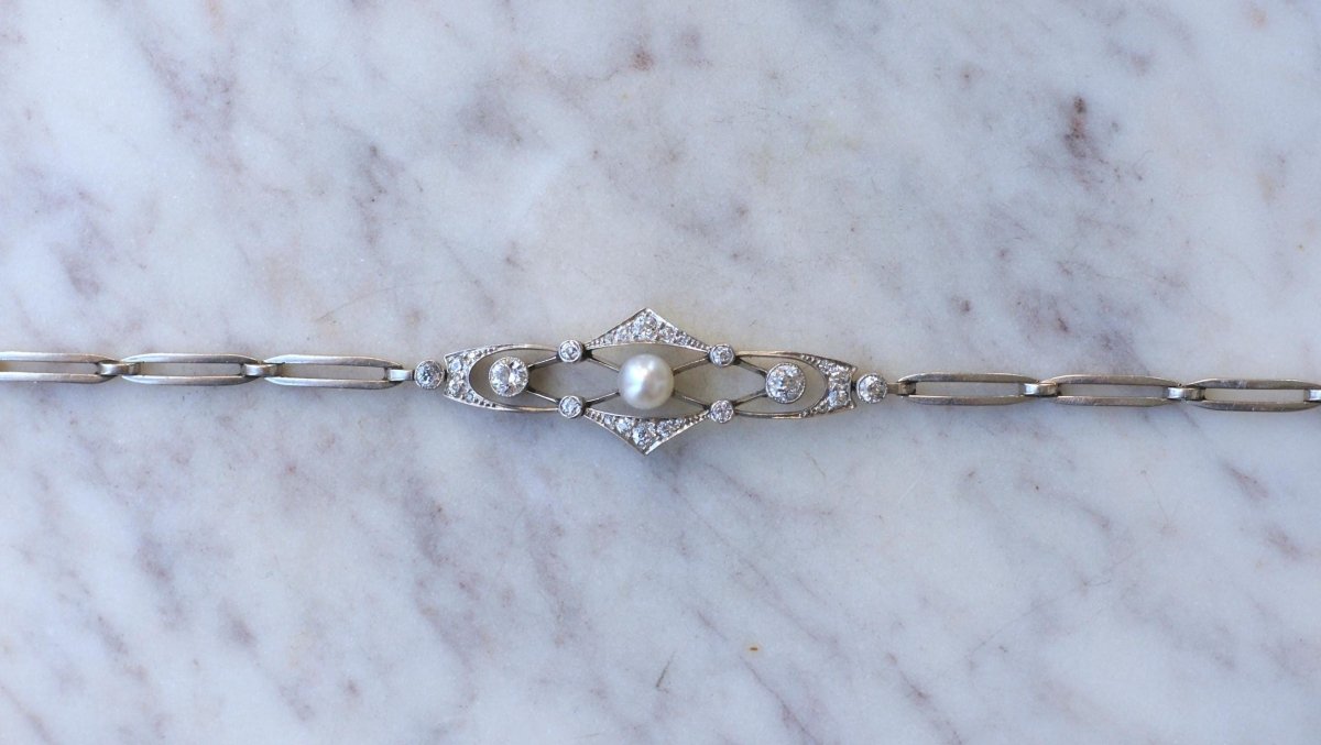 Bracelet Art Deco Perle Fine et Diamants sur Platine - Castafiore