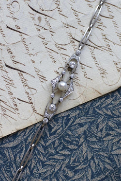 Bracelet Art Deco Perle Fine et Diamants sur Platine - Castafiore