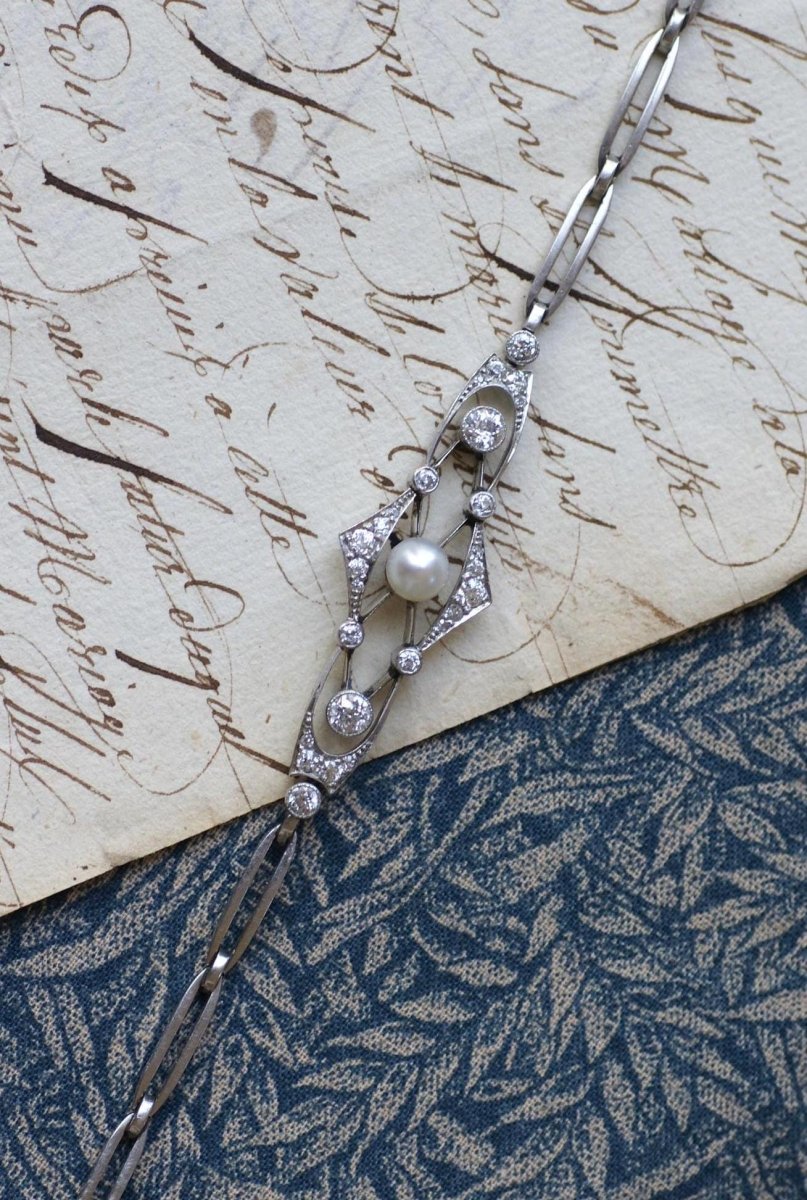 Bracelet Art Deco Perle Fine et Diamants sur Platine - Castafiore
