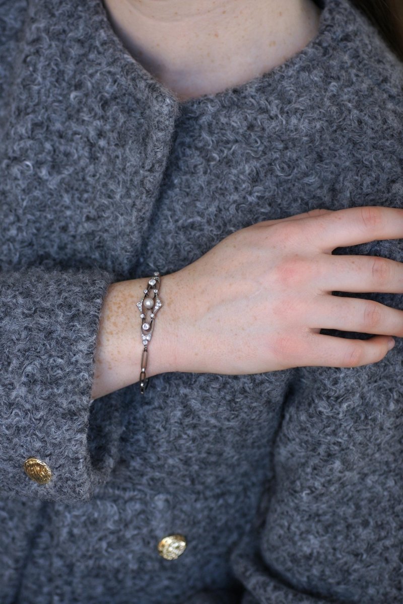 Bracelet Art Deco Perle Fine et Diamants sur Platine - Castafiore