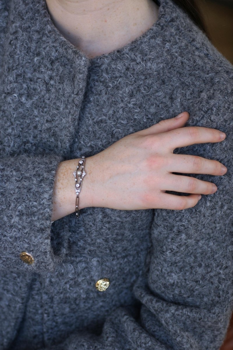 Bracelet Art Deco Perle Fine et Diamants sur Platine - Castafiore