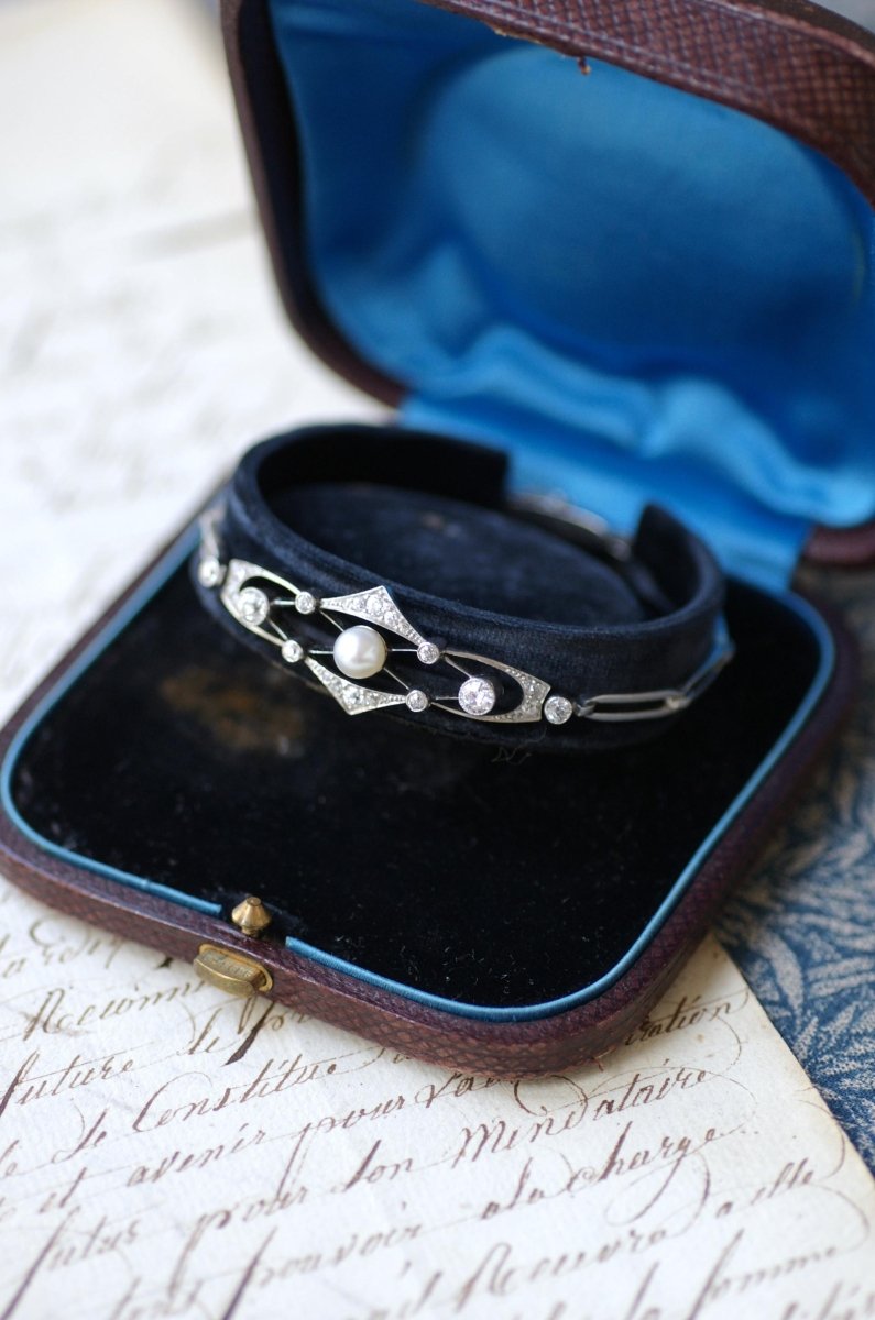Bracelet Art Deco Perle Fine et Diamants sur Platine - Castafiore